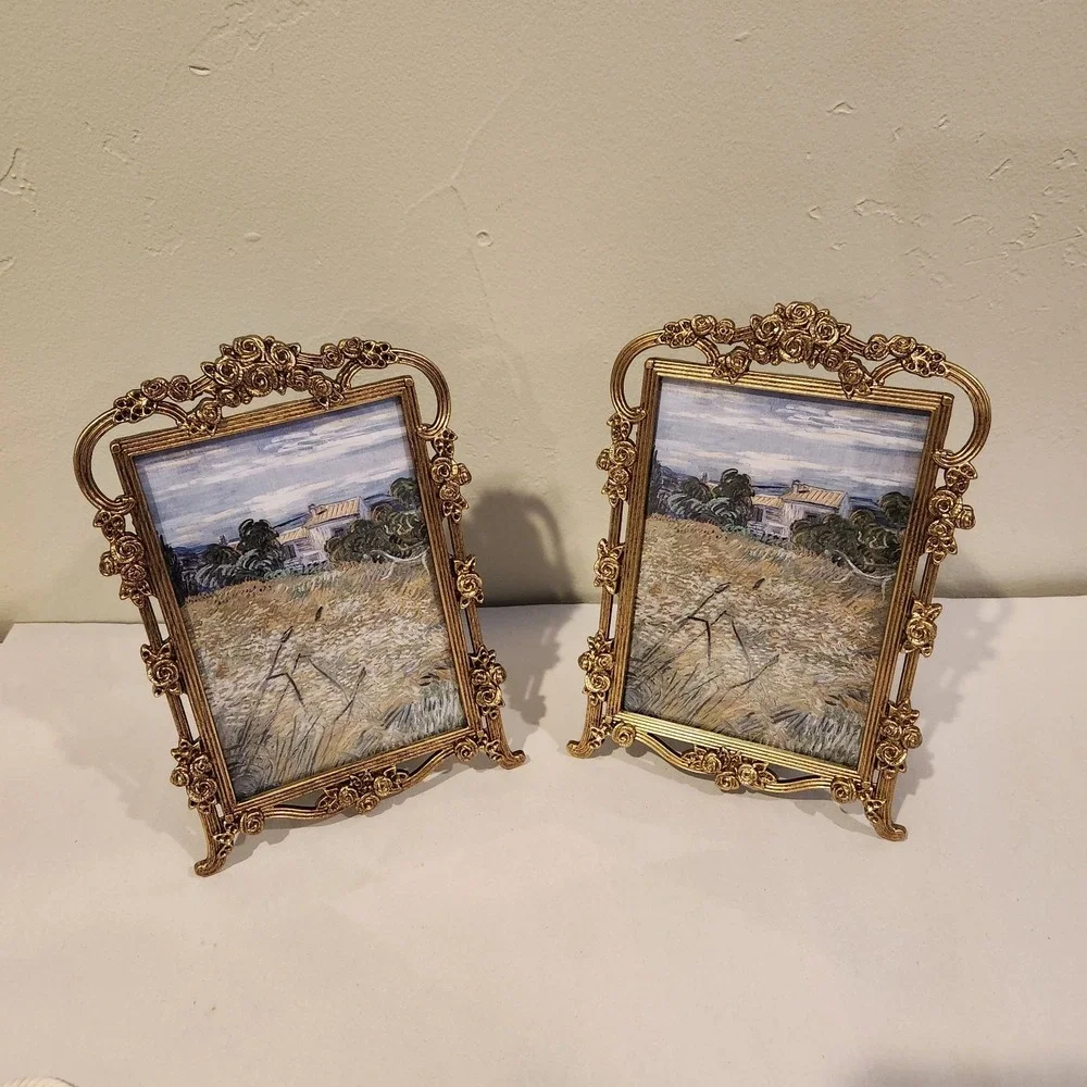 Lot Of 2 Ornate Picture Frame Brass Color Landscape Print